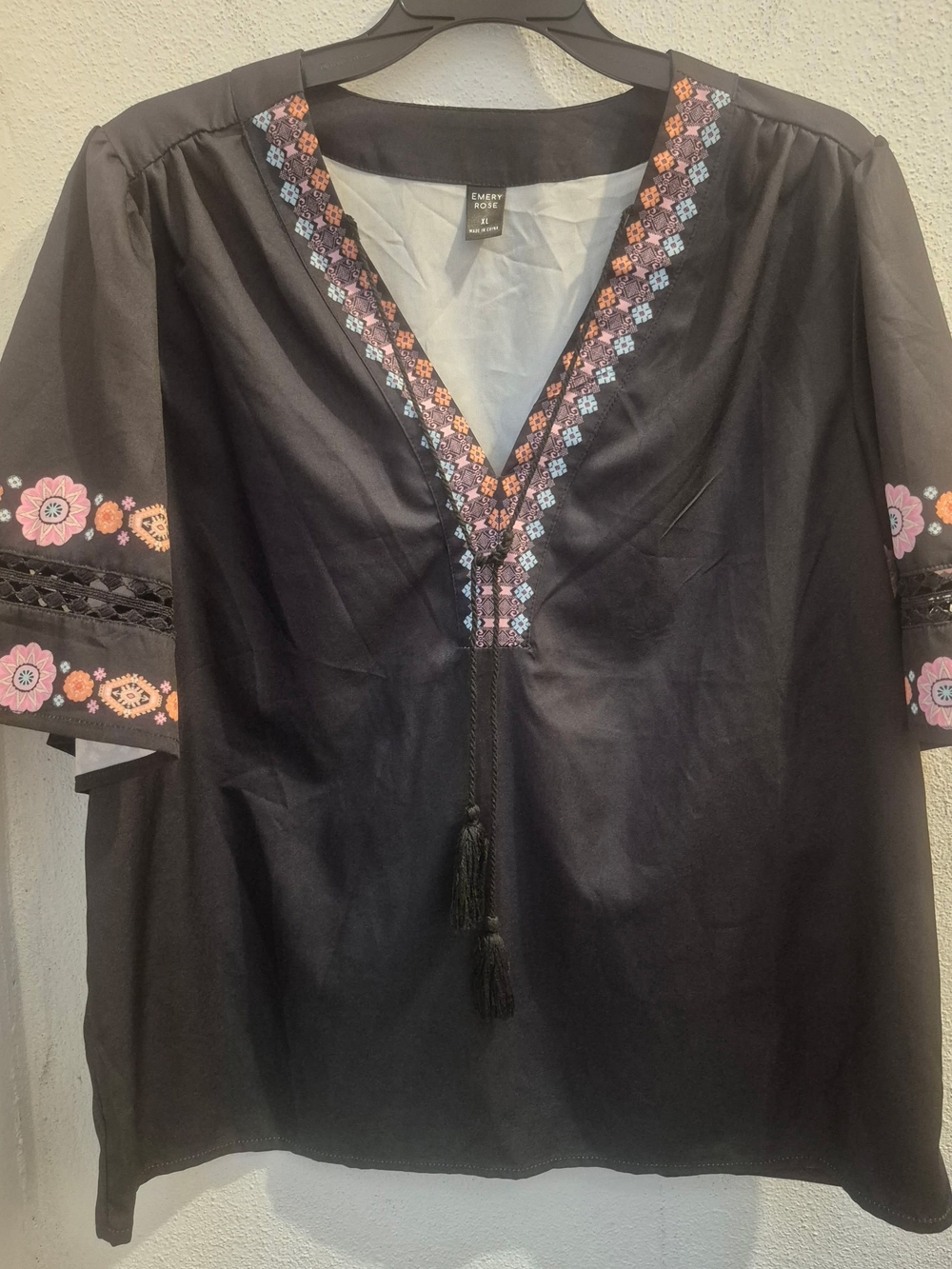 Emery Rose Bohemian Embroidered Peasant Blouse Size XL